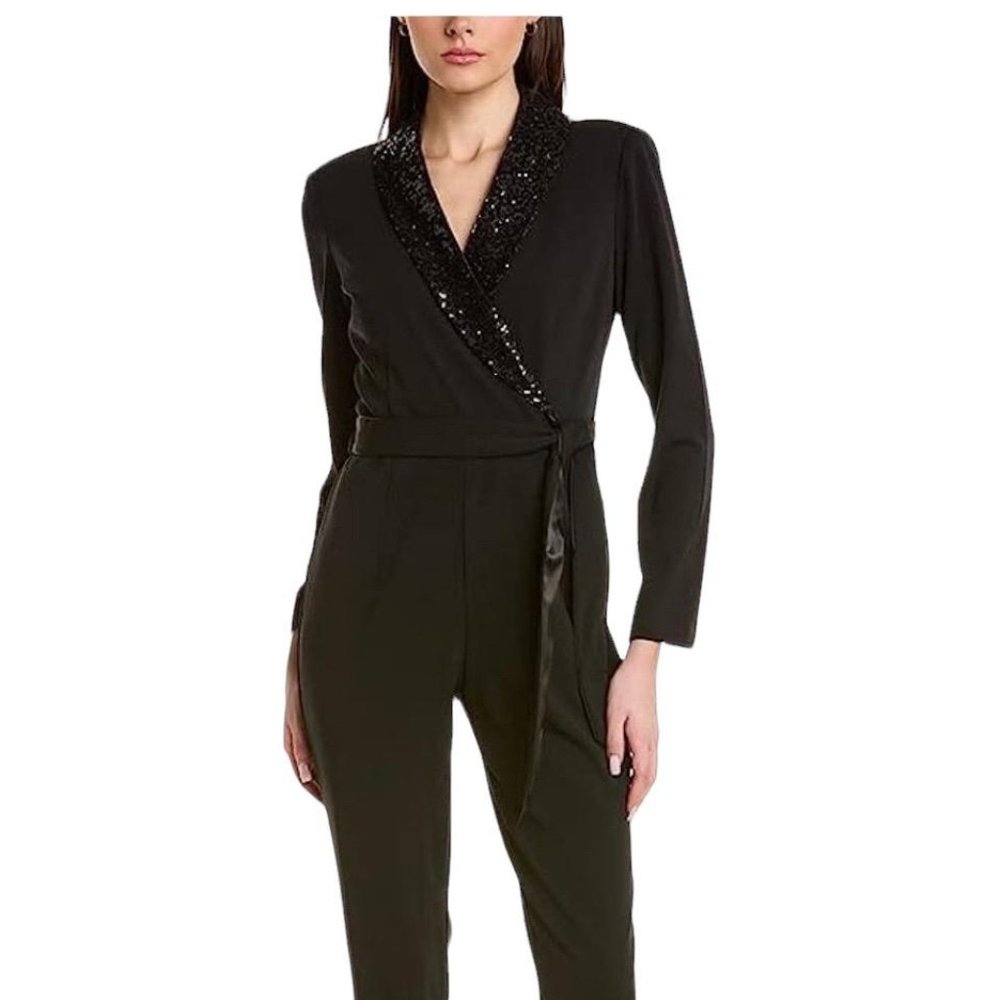 Adrianna Papell Womens Stretch Crepe Tuxedo Jumpsuit with Sequin Lapels  Size: